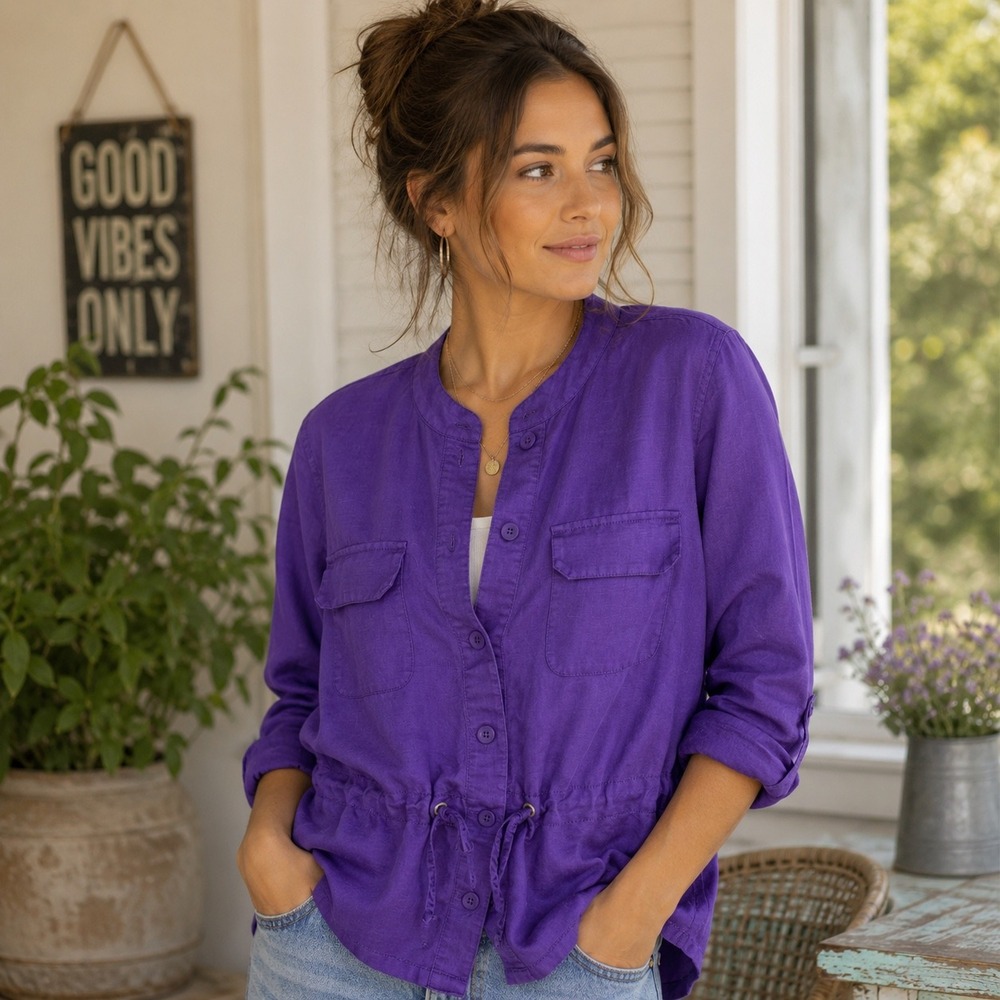 Chicos Purple Utility Jacket Drawstring Waist Roll Tab Sleeve Size 3 Large XL